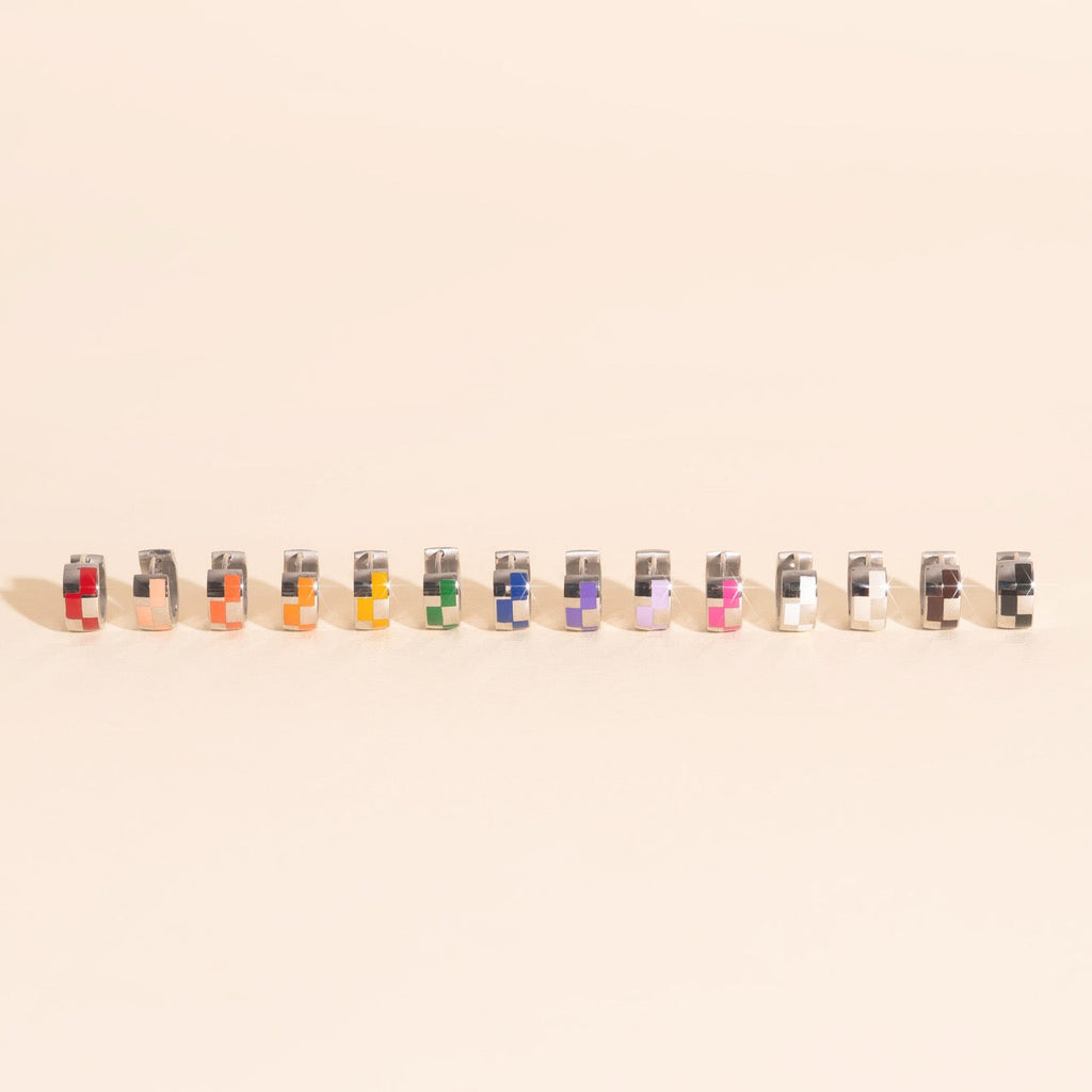 9mm Block Checkered Super Chunky Huggie Hoop Earrings