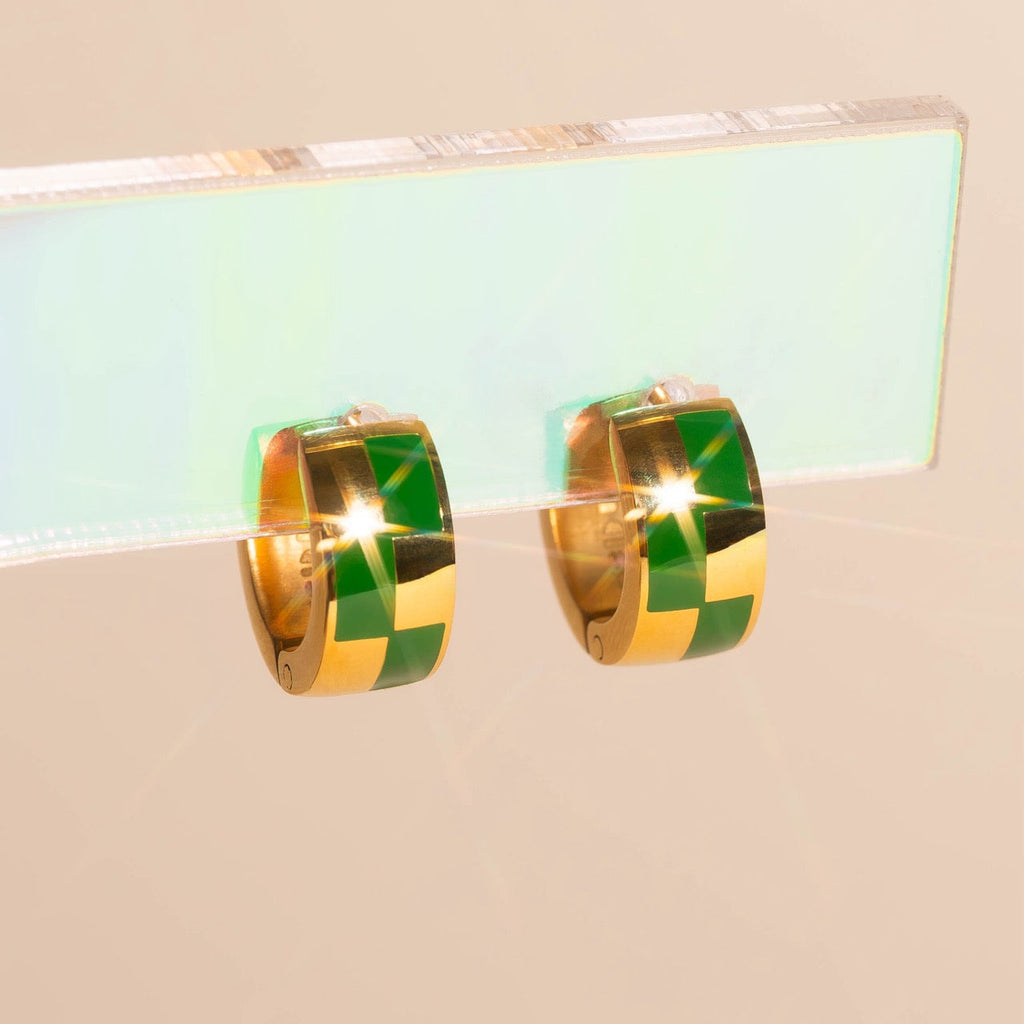 9mm Block Checkered Super Chunky Huggie Hoop Earrings