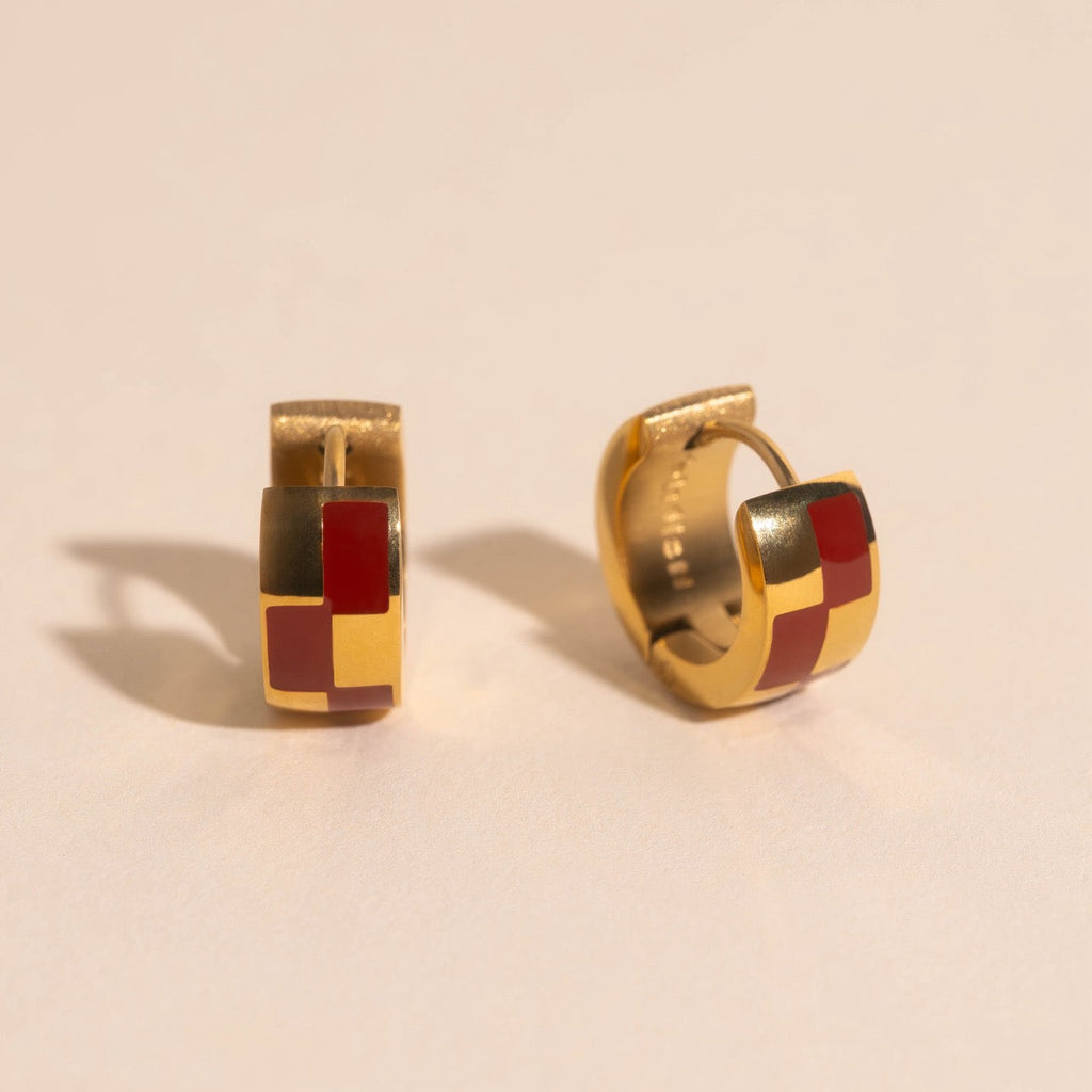 9mm Block Checkered Super Chunky Huggie Hoop Earrings