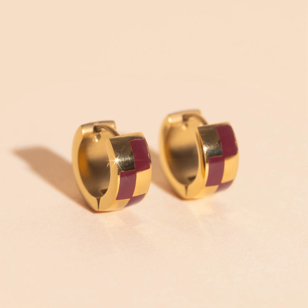 9mm Block Checkered Super Chunky Huggie Hoop Earrings