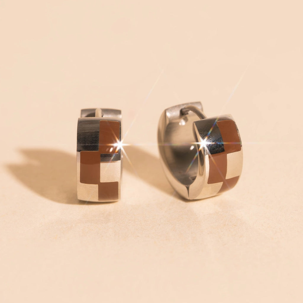 9mm Block Checkered Super Chunky Huggie Hoop Earrings